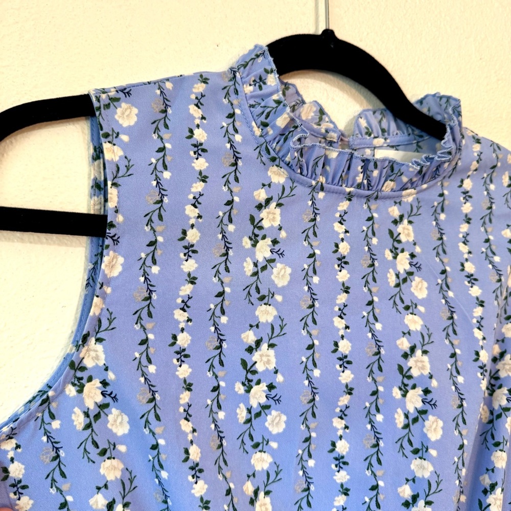 Melloday Floral Tiered Midi Dress – Ruffle Neck, Size Small, Blue Sleeveless